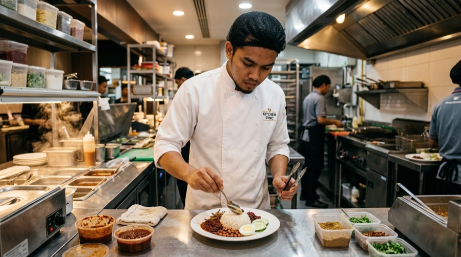 Malay cook plating food in a quick-service restaurant kitchen