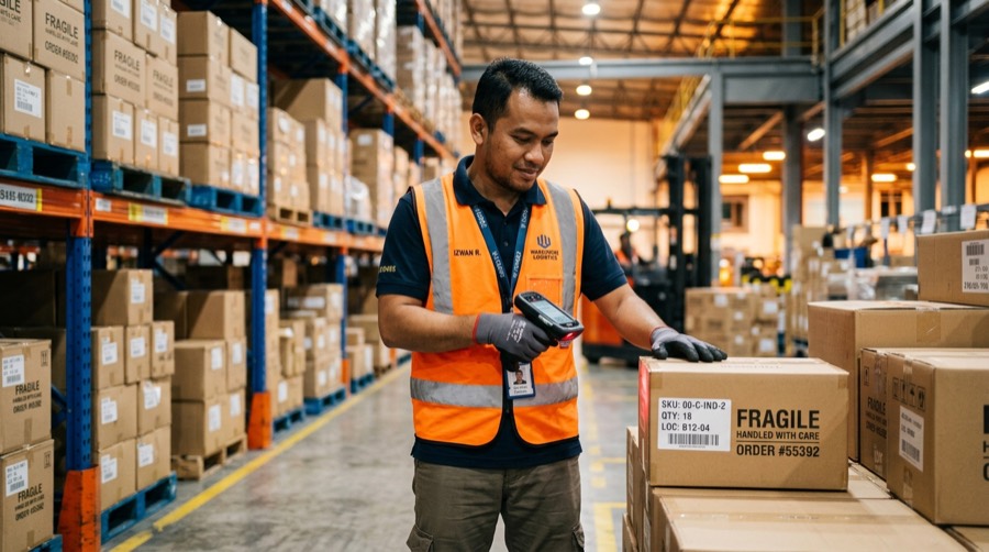 Malaysian warehouse worker scanning a barcode in a logistics warehouse