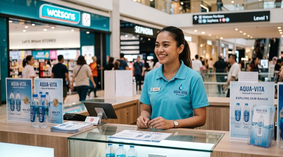 Malaysian retail promoter at a shopping mall outlet counter
