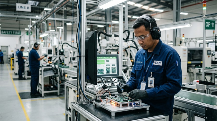 Malaysian factory operator at a modern assembly line