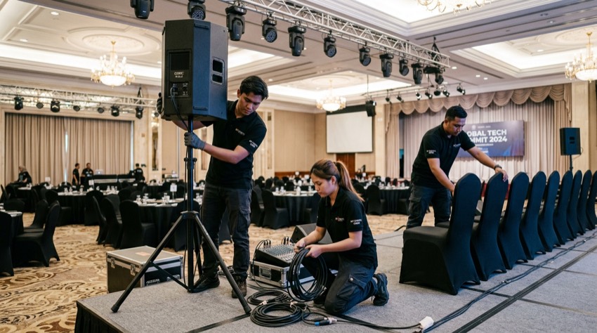 Malaysian event crew setting up a corporate function in a hotel ballroom