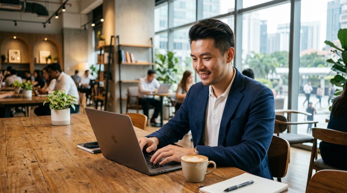 Malaysian Chinese sales partner working on a laptop in a modern co-working space